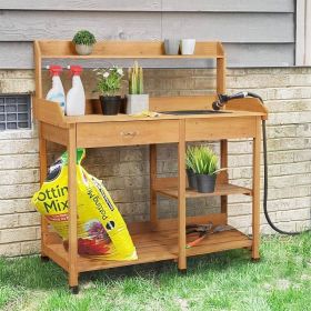 Outdoor Garden Wood Potting Bench Work Table with Sink in Light Wood Finish