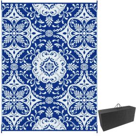 RV Patio Rug 9x12 Blue White Floral Outdoor Carpet with Carry Bag