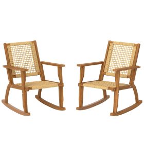 Outdoor Lawn Rocking Chair Set of 2, Acacia Wood Patio Rocking Chairs with Wicker Back and Seat for Garden, Khaki