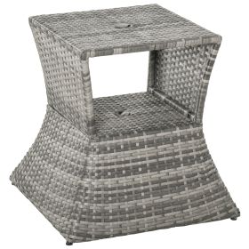 Rattan Tea Bistro Side Table with Umbrella Hole, 2-Tier Storage Shelf, Gray, for Patio & Backyard