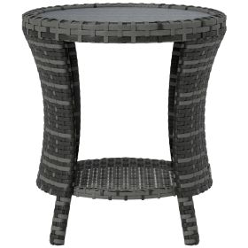 18" Wicker Outdoor Coffee Table, PE Rattan Patio Side Table with 2-Tier Storage, Composite Wood Top, Gray