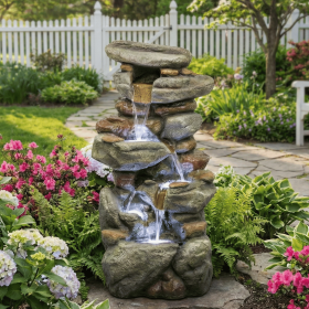 30'' Rock Floor Fountain with Cascading Water & White LED Lights, Tranquil Outdoor Water Feature for Garden, Patio, Yard & Deck, Light Gray
