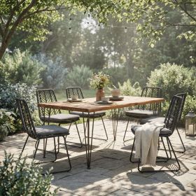 7 PCS Outdoor Dining Set for 6, Rectangular Table with Acacia Wood Top & Rattan Chairs, 72" Large Modern Furniture Set for Patio, Deck, Backyard