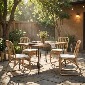 5 PCS Outdoor Dining Set for 4, Square Table with Acacia Wood Top & Rattan Chairs, 32.5" Modern Furniture Set for Patio, Deck, Backyard, Porch
