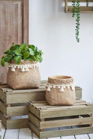 Cement Planter with Woven Tassel Accent in Brown -  6.5" x 6.5" x 6" - Set of 2