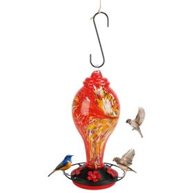 1Pc Glass Hummingbird Feeder 33OZ Hand Blown Hummingbird Feeder With 5 Flower Feeding Port Perch Ant Moat Hanging Hook S Hook Hemp Rope Cleaning (Option: Red)