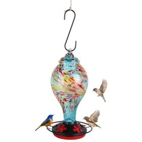 1Pc Glass Hummingbird Feeder 33OZ Hand Blown Hummingbird Feeder With 5 Flower Feeding Port Perch Ant Moat Hanging Hook S Hook Hemp Rope Cleaning (Option: Blue)