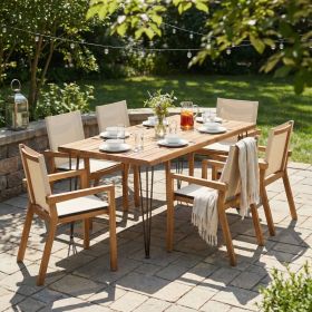 7 Pieces Acacia Wood Outdoor Dining Set s,Modern 6 Chairs 1 Large Table, Dining Furniture Set for Lawn, Backyard, Garden Deck,Poolside,Beige (Color: as Pic)