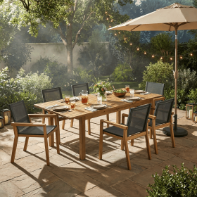 7 Pieces Acacia Wood Outdoor Dining Set s,Modern 6 Chairs 1 Large Table, Dining Furniture Set for Lawn, Backyard, Garden Deck,Poolside,Teak (Color: as Pic)
